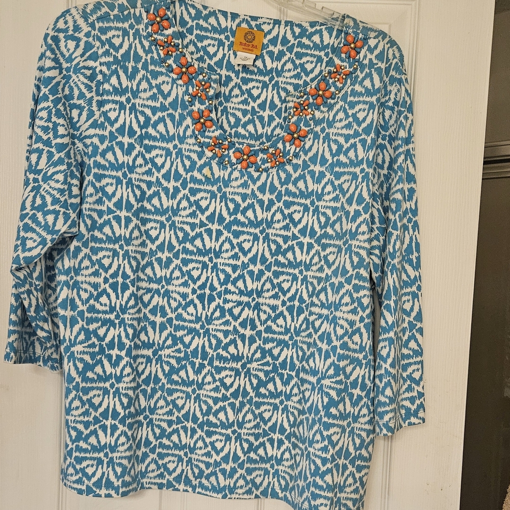 Ruby Rd. Turquoise and White Patterned Blouse with Orange Accents. Size 1X